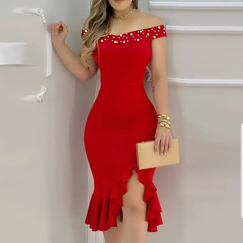 Sexy Off the Shoulder Solid Color Tunic Dress - Elastic Micro Stretchy Fabric, R